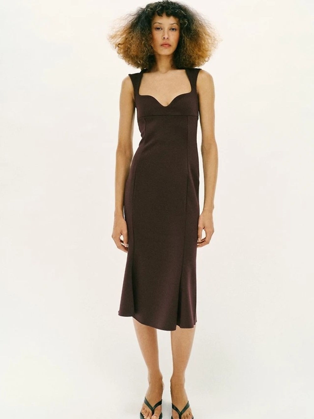 Zara Brown Sweetheart Neck Midi Dress